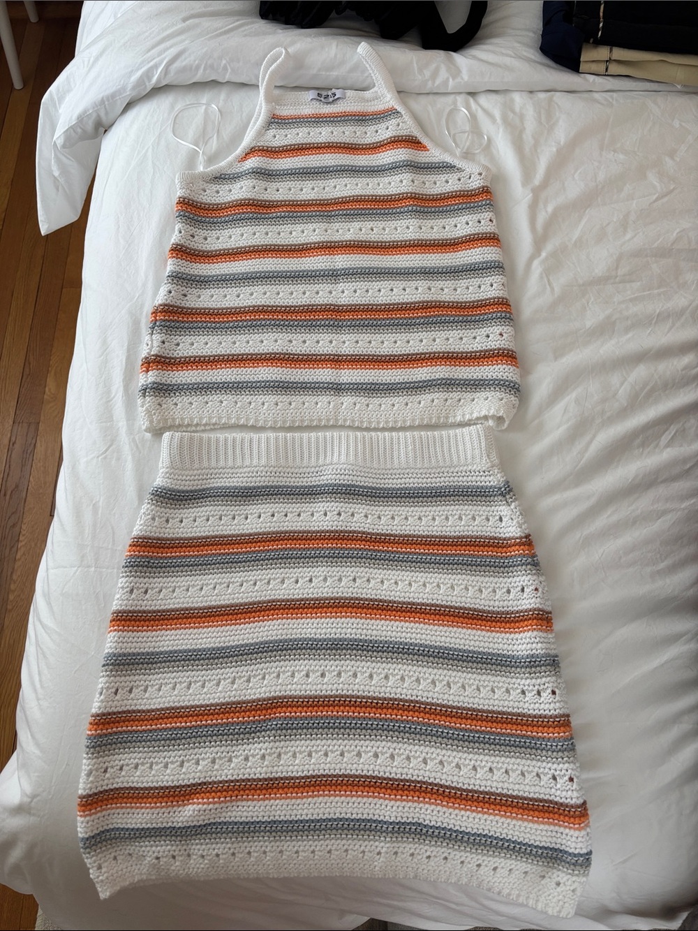 525 America Bleach White Crochet Tank & Skirt with Orange and Gray Stripes